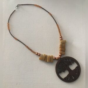 Brown Wood Tree of Life Pendant Bohemian Beaded Stone Necklace 20”